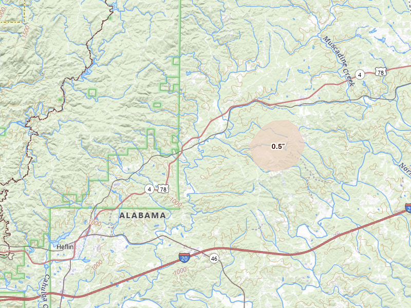 Radar-estimated hail-size map of the storm over Fruithurst, AL on Jul 19, 2026