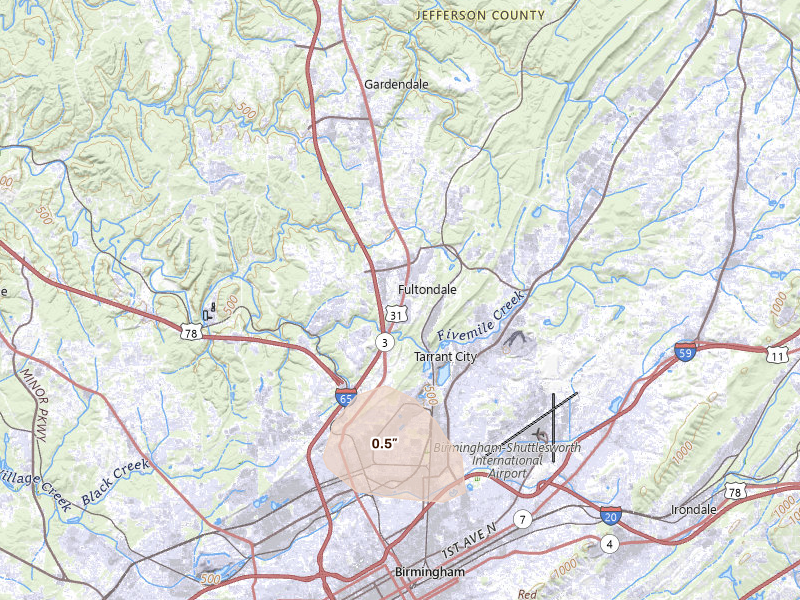 Radar-estimated hail-size map of the storm over Fultondale, AL on Aug 7, 2026