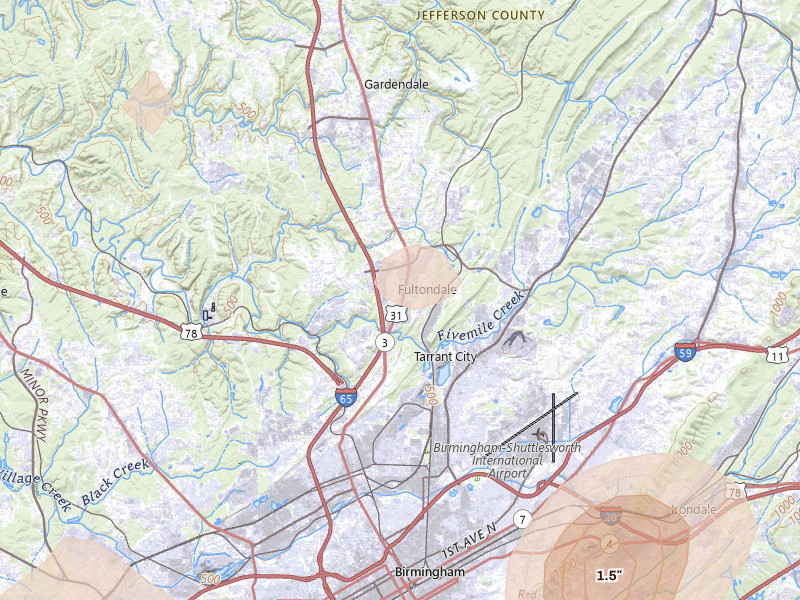 Radar-estimated hail-size map of the storm over Fultondale, AL on Aug 9, 2026