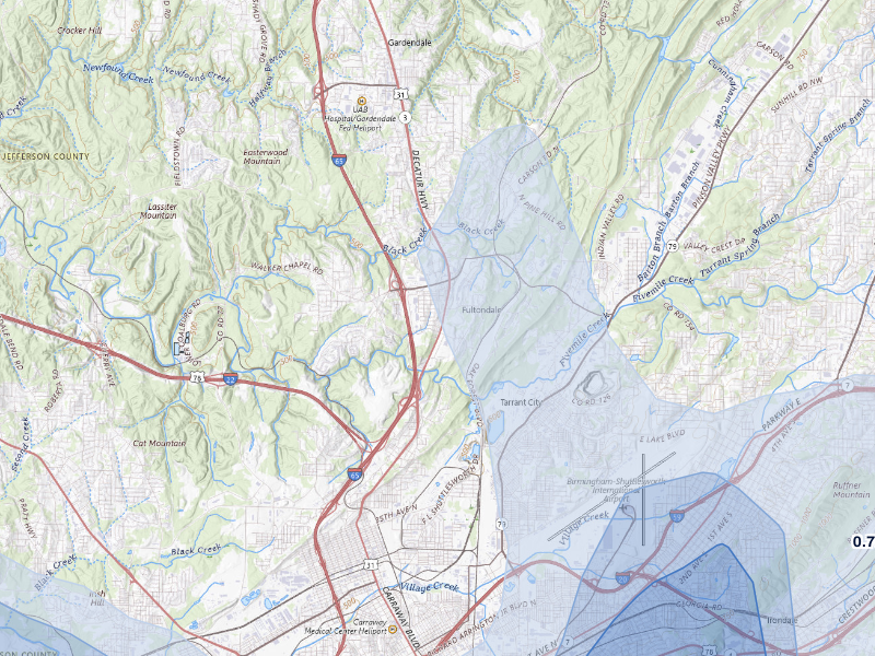 NEXRAD radar-signature map of the hail storm over Fultondale, AL on Aug 9, 2026