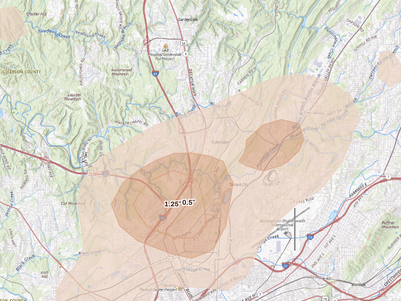 Radar-estimated hail-size map of the storm over Fultondale, AL