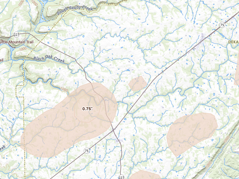Radar-estimated hail-size map of the storm over Fyffe, AL on Jul 3, 2026