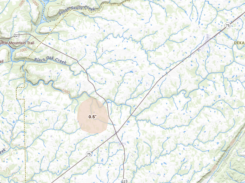 Radar-estimated hail-size map of the storm over Fyffe, AL on Aug 17, 2026