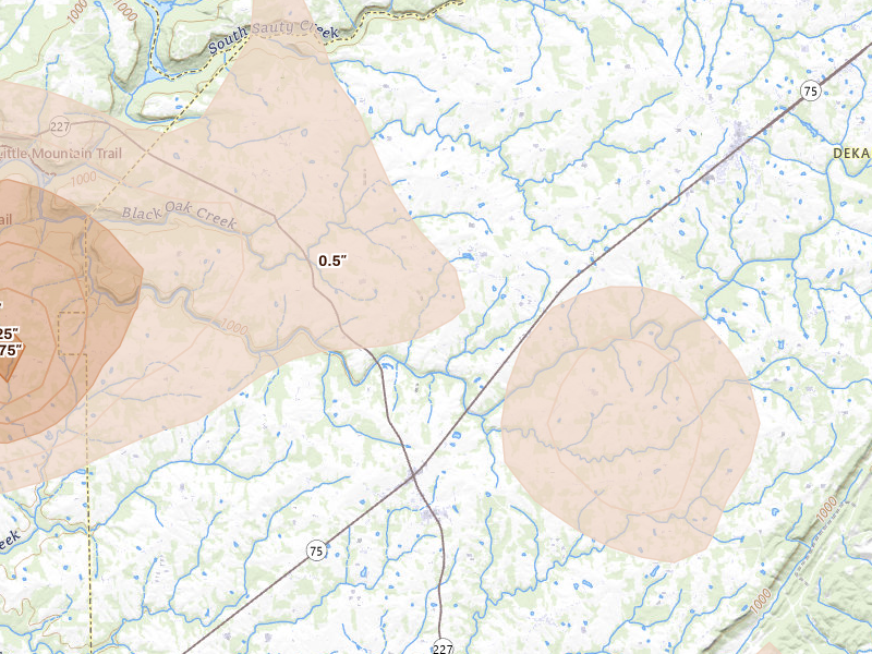 Radar-estimated hail-size map of the storm over Fyffe, AL on Aug 20, 2026