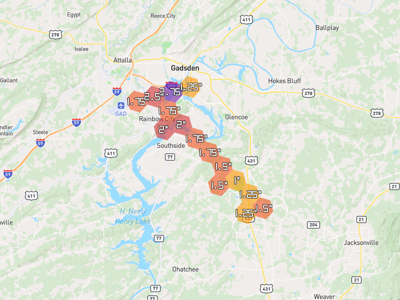 Hail map of Gadsden, AL on Jun 1, 2026, hail up to 2.75"