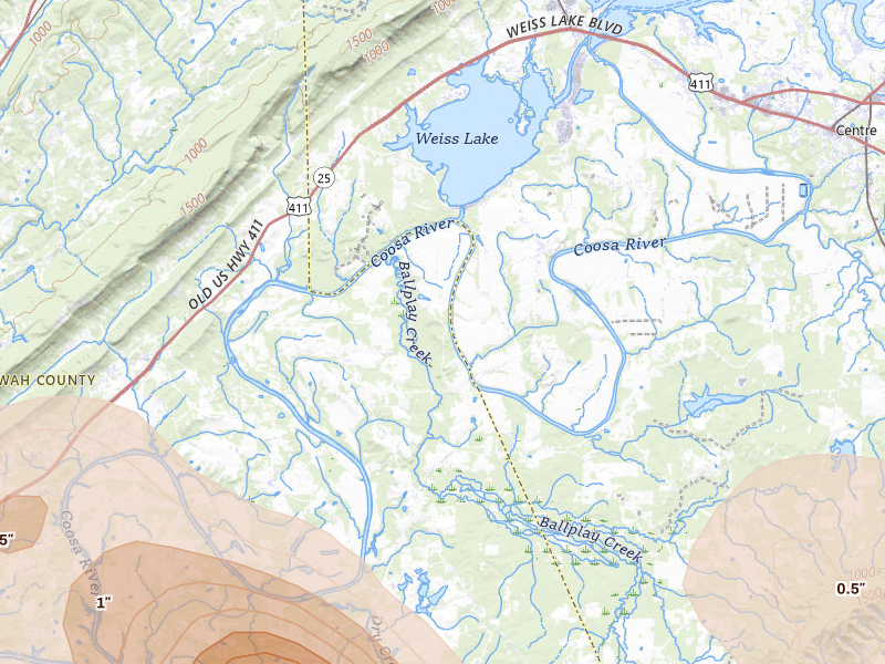 Radar-estimated hail-size map of the storm over Gadsden, AL on Jul 1, 2026