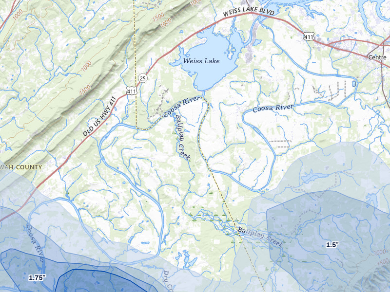NEXRAD radar-signature map of the hail storm over Gadsden, AL on Jul 1, 2026