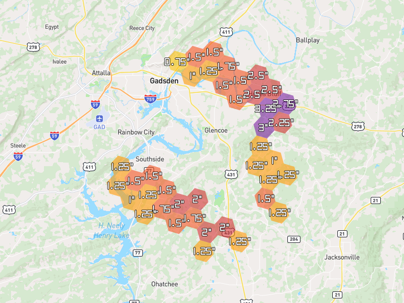 Hail map of Gadsden, AL on Jul 1, 2026, hail up to 3.25"