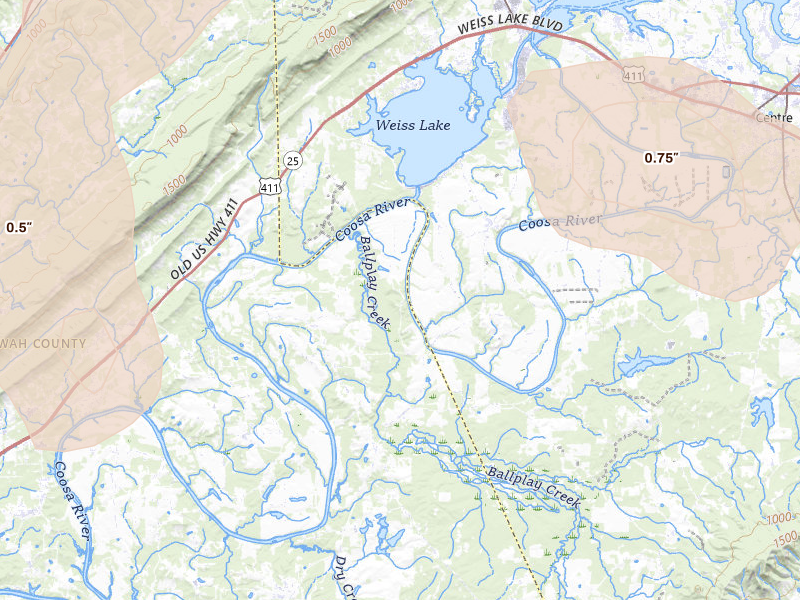 Radar-estimated hail-size map of the storm over Gadsden, AL on Jul 2, 2026