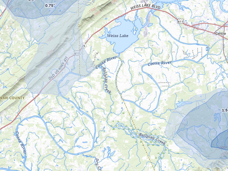 NEXRAD radar-signature map of the hail storm over Gadsden, AL on Jul 3, 2026