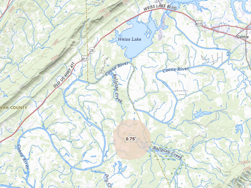 Radar-estimated hail-size map of the storm over Gadsden, AL on Aug 6, 2026