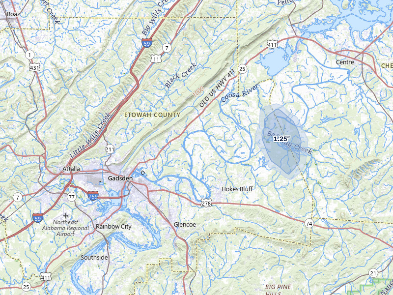 NEXRAD radar-signature map of the hail storm over Gadsden, AL on Aug 6, 2026