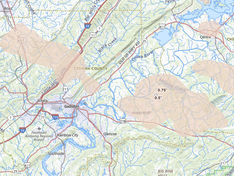 Radar-estimated hail-size map of the storm over Gadsden, AL on Aug 11, 2026