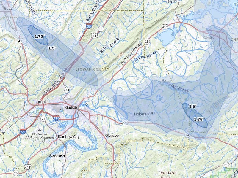 NEXRAD radar-signature map of the hail storm over Gadsden, AL on Aug 11, 2026