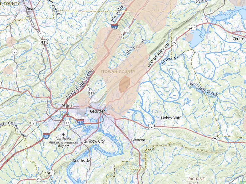Radar-estimated hail-size map of the storm over Gadsden, AL on Aug 20, 2026