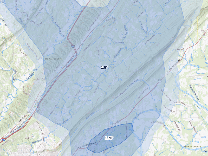NEXRAD radar-signature map of the hail storm over Gadsden, AL on Aug 20, 2026