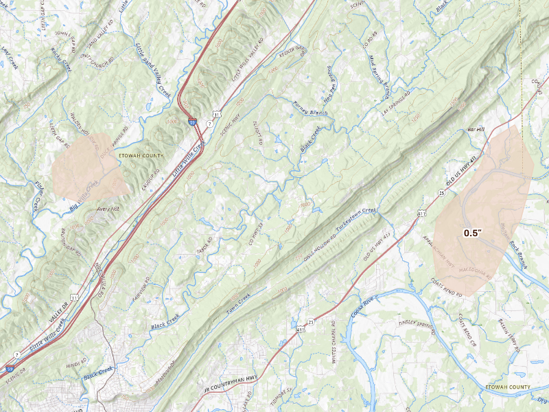 Radar-estimated hail-size map of the storm over Gadsden, AL on Sep 19, 2026