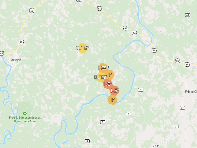 Hail map of Gainestown, AL on Jun 1, 2026, hail up to 1.5"