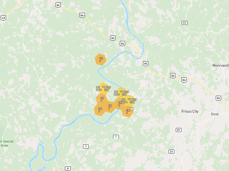 Hail map of Gainestown, AL on Jul 1, 2026, hail up to 1"