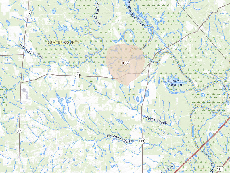 Radar-estimated hail-size map of the storm over Gainesville, AL on Aug 9, 2026