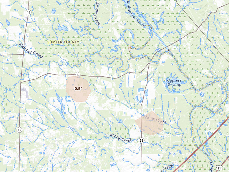 Radar-estimated hail-size map of the storm over Gainesville, AL on Aug 26, 2026