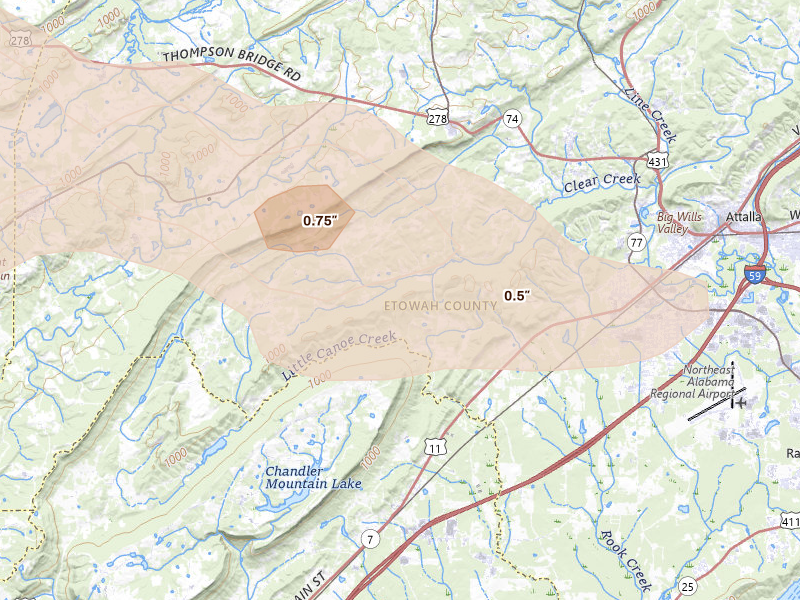 Radar-estimated hail-size map of the storm over Gallant, AL on Feb 26, 2026