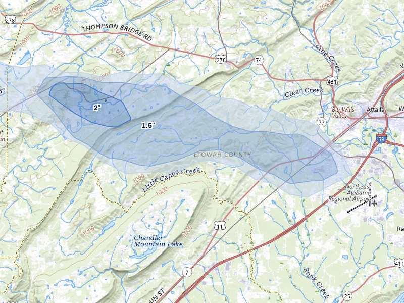 NEXRAD radar-signature map of the hail over Gallant, AL