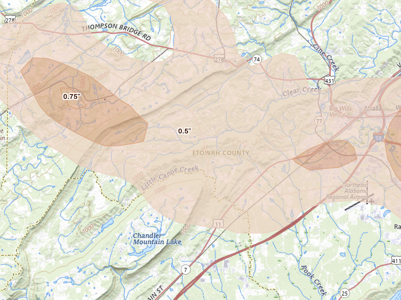 Radar-estimated hail-size map of the storm over Gallant, AL on Jun 1, 2026