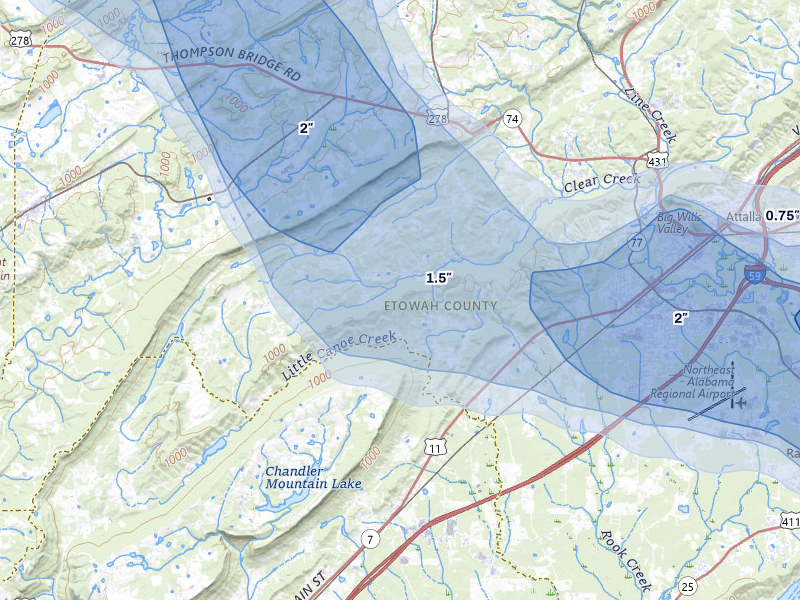 NEXRAD radar-signature map of the hail storm over Gallant, AL on Jun 1, 2026