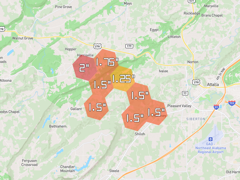 Hail map of Gallant, AL on Jun 1, 2026, hail up to 2"