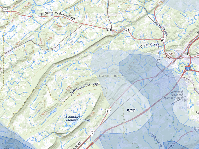 NEXRAD radar-signature map of the hail storm over Gallant, AL on Jul 1, 2026