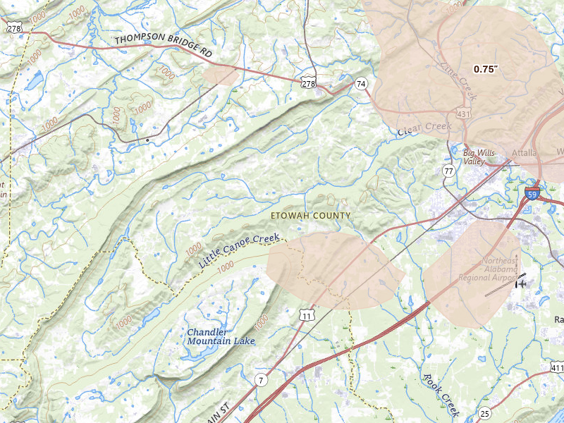 Radar-estimated hail-size map of the storm over Gallant, AL on Jul 2, 2026