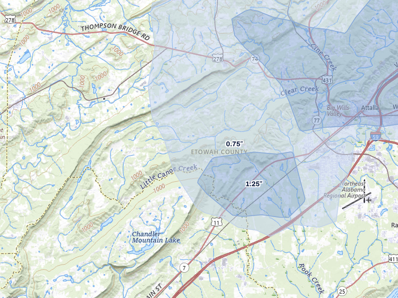 NEXRAD radar-signature map of the hail over Gallant, AL