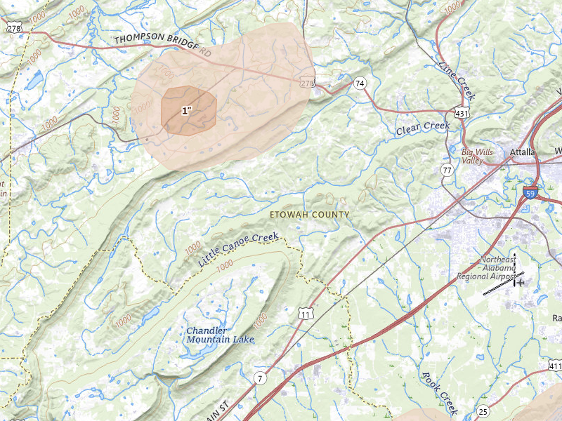 Radar-estimated hail-size map of the storm over Gallant, AL on Jul 5, 2026