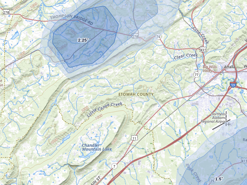 NEXRAD radar-signature map of the hail storm over Gallant, AL on Jul 5, 2026