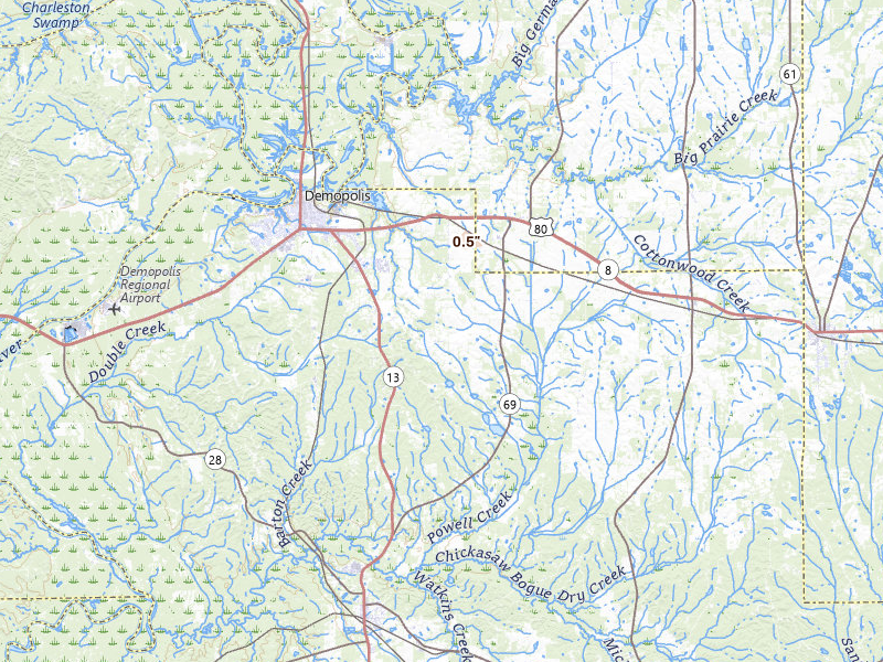 Radar-estimated hail-size map of the storm over Gallion, AL on Apr 28, 2026