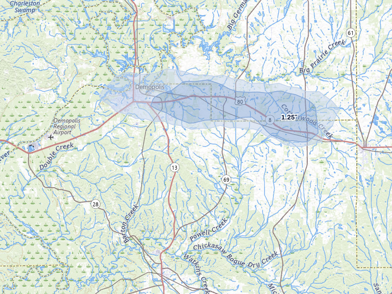 NEXRAD radar-signature map of the hail storm over Gallion, AL on Apr 28, 2026