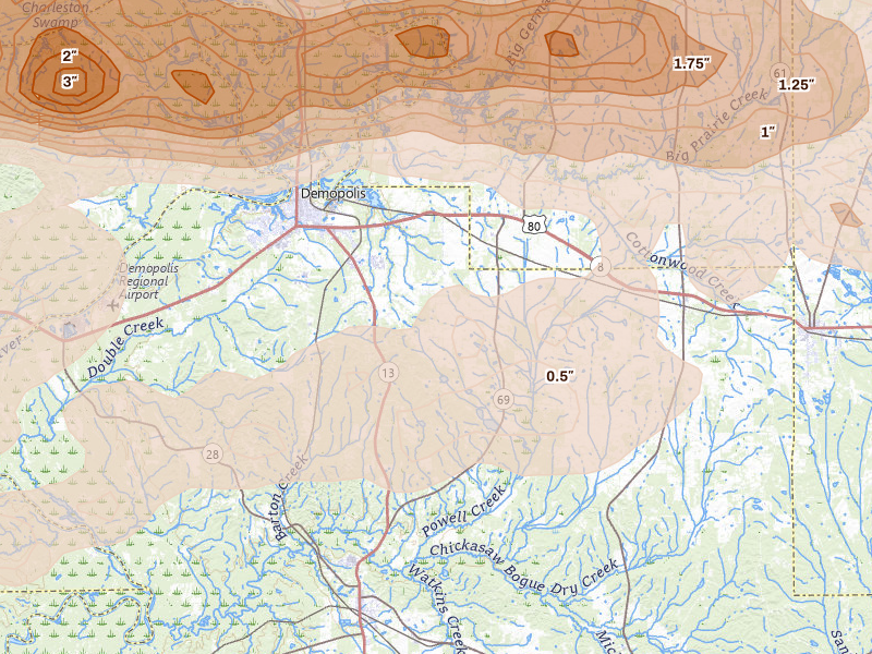 Radar-estimated hail-size map of the storm over Gallion, AL on May 6, 2026
