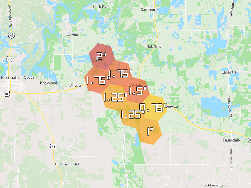 Hail map of Gallion, AL on Jun 1, 2026, hail up to 2"