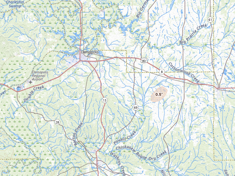 Radar-estimated hail-size map of the storm over Gallion, AL on Jul 4, 2026
