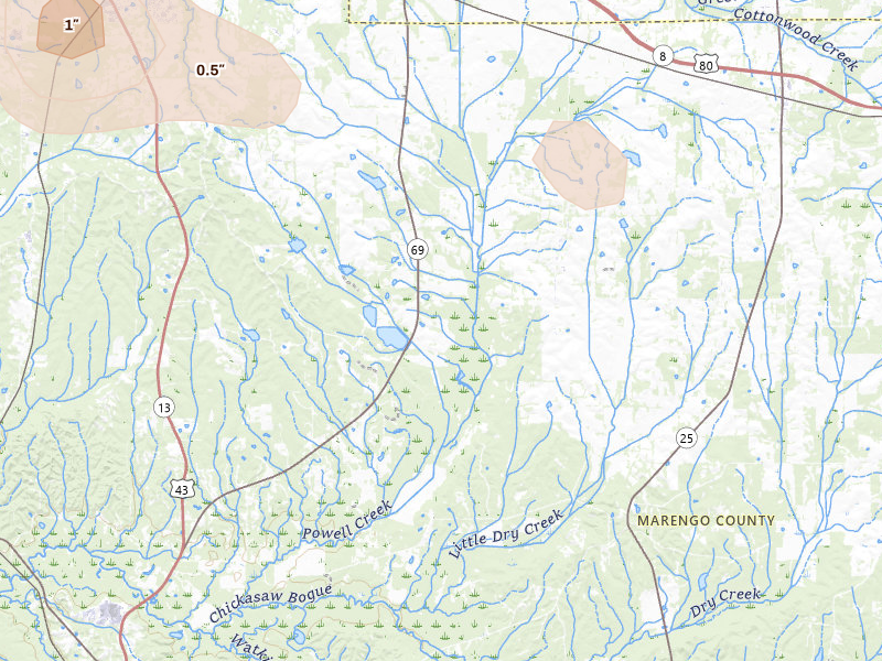 Radar-estimated hail-size map of the storm over Gallion, AL on Aug 18, 2026