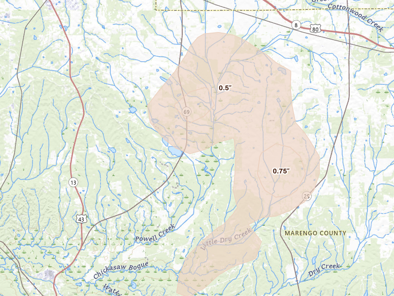 Radar-estimated hail-size map of the storm over Gallion, AL on Aug 19, 2026