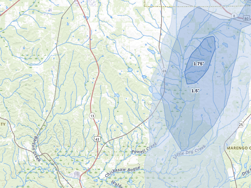 NEXRAD radar-signature map of the hail storm over Gallion, AL on Aug 19, 2026