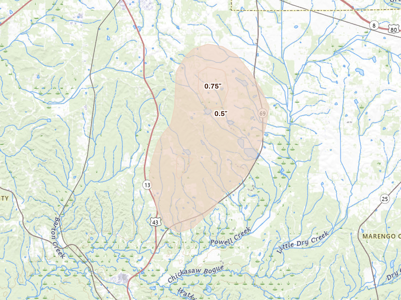 Radar-estimated hail-size map of the storm over Gallion, AL