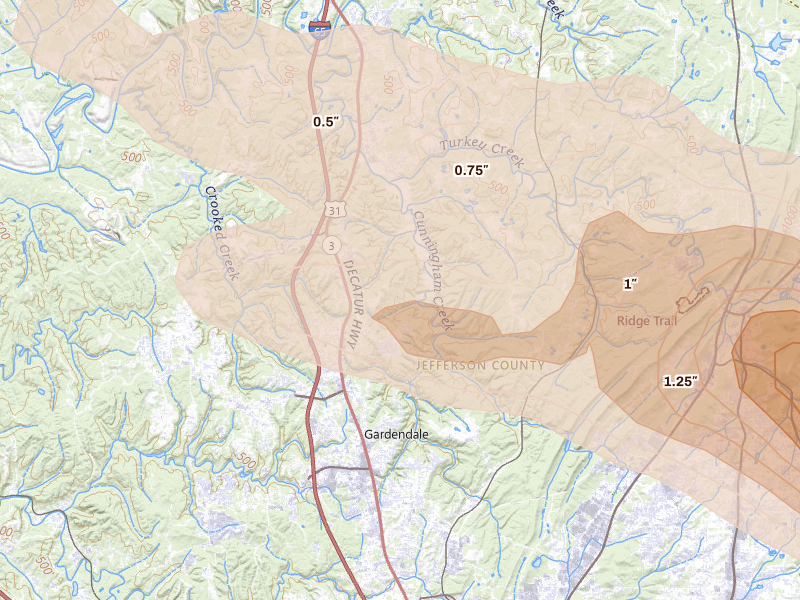 Radar-estimated hail-size map of the storm over Gardendale, AL