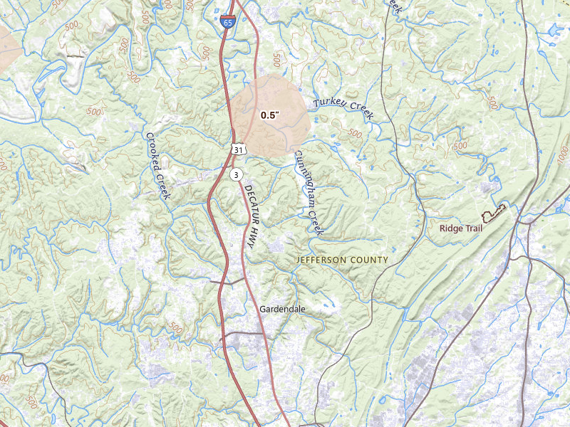 Radar-estimated hail-size map of the storm over Gardendale, AL