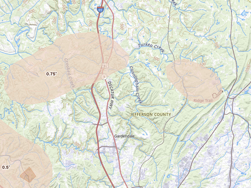 Radar-estimated hail-size map of the storm over Gardendale, AL on Jul 1, 2026