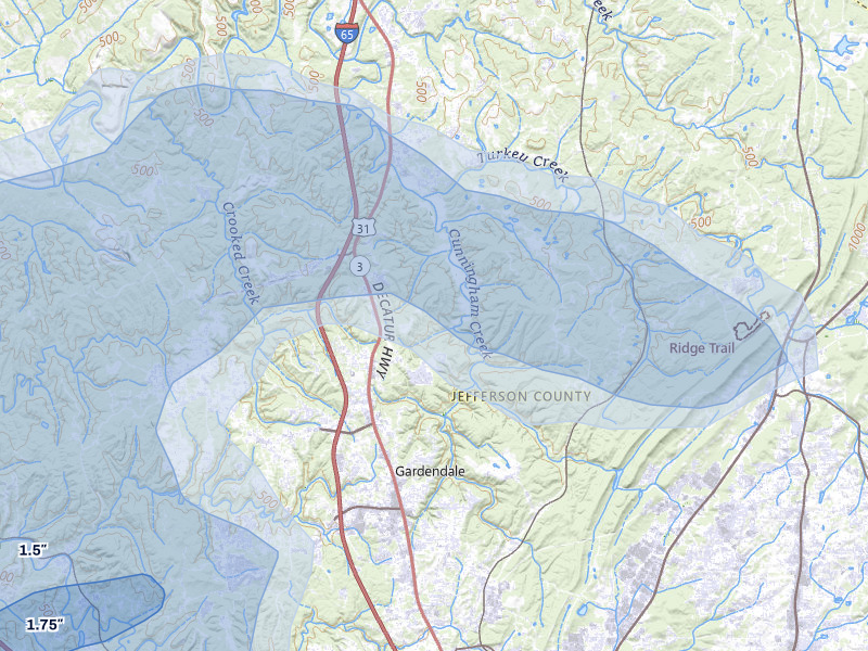 NEXRAD radar-signature map of the hail over Gardendale, AL