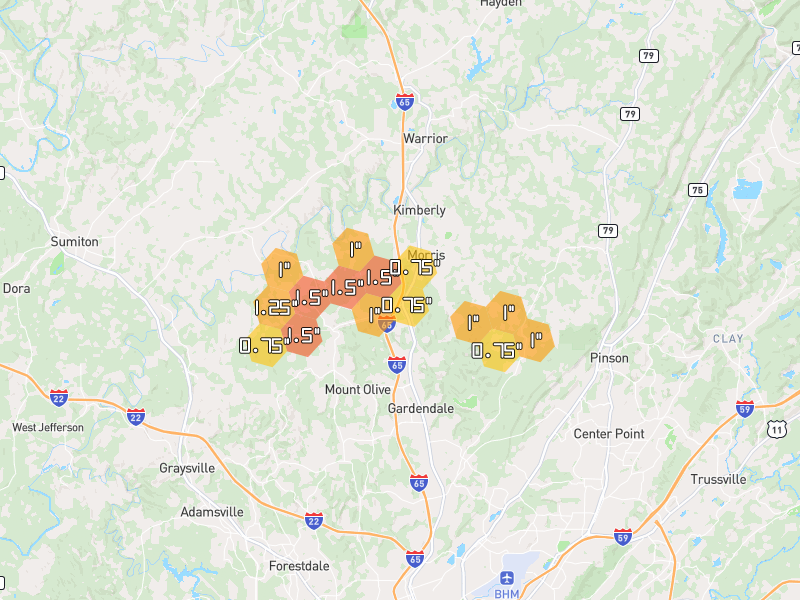 Hail map of Gardendale, AL on Jul 1, 2026, hail up to 1.5"