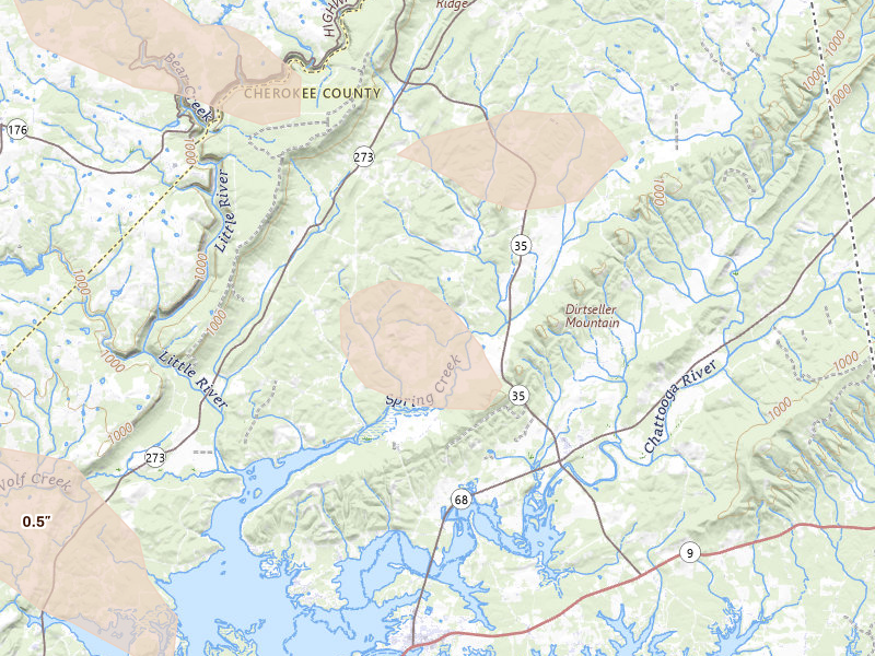Radar-estimated hail-size map of the storm over Gaylesville, AL on Aug 11, 2026